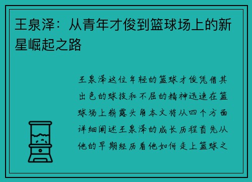 王泉泽：从青年才俊到篮球场上的新星崛起之路